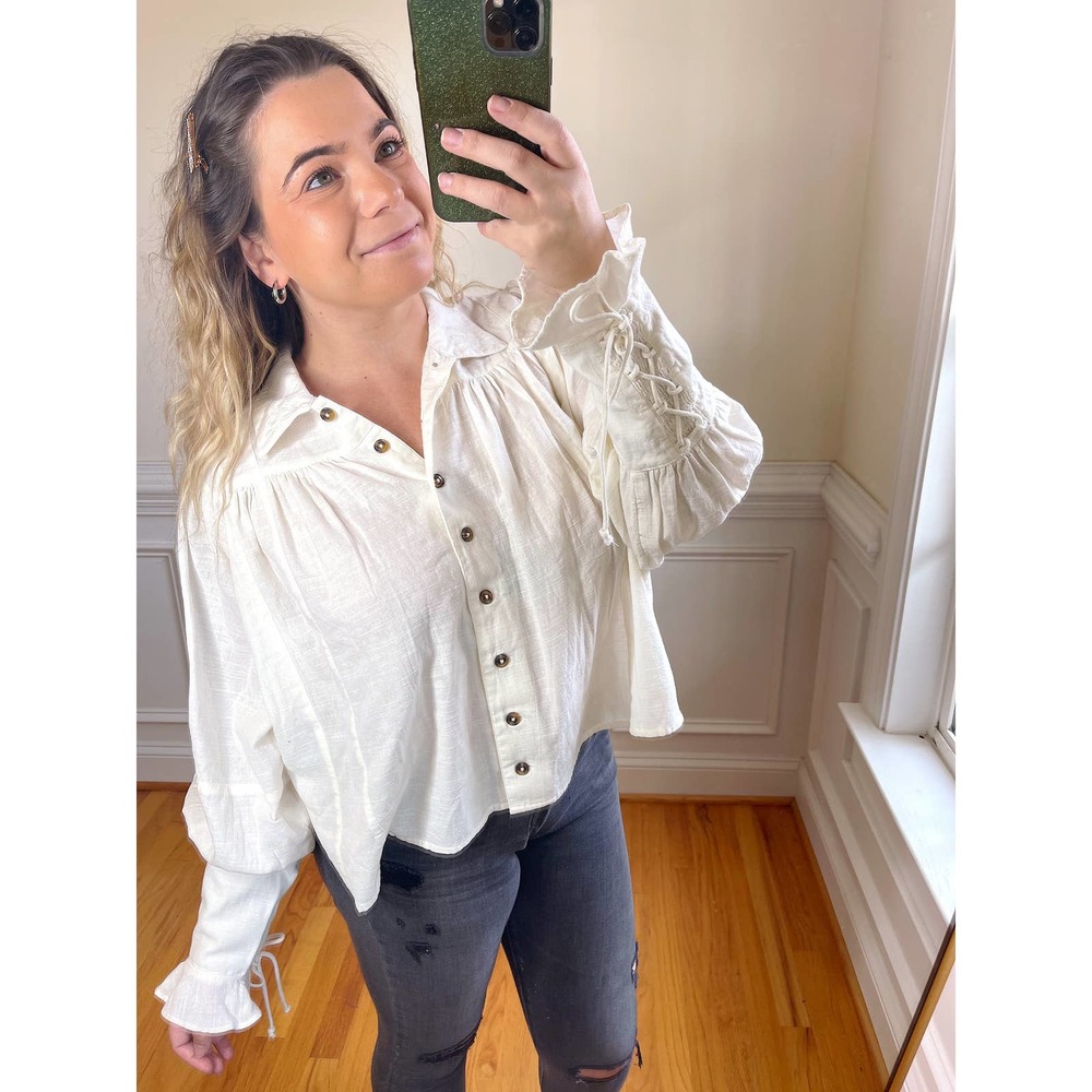 Free People White Button-Up Kiss Kiss Blouse Ivory